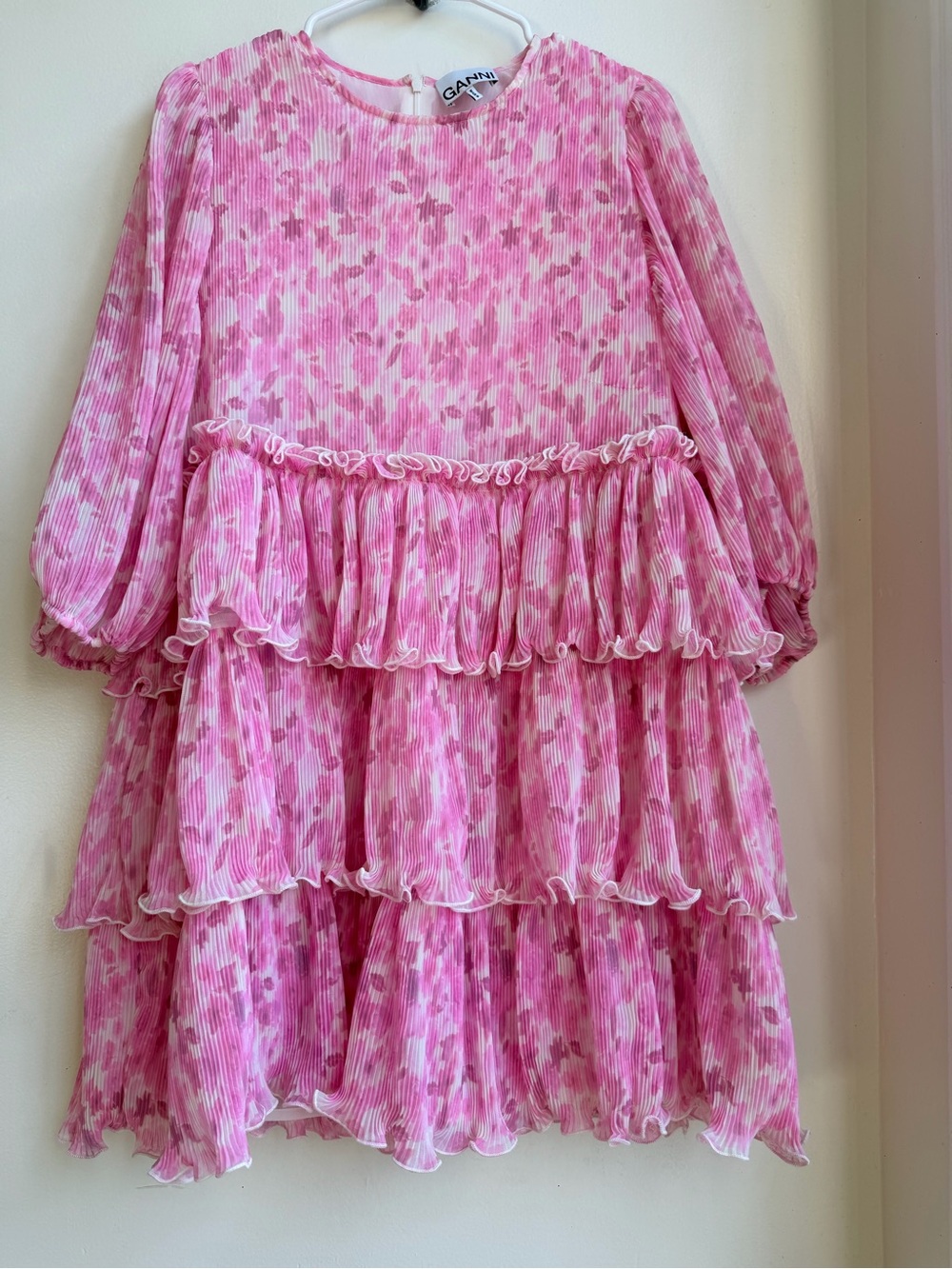 GANNI Pink Printed Mini Dress Size 42 Pleated Ruffle 3/4 Sleeve